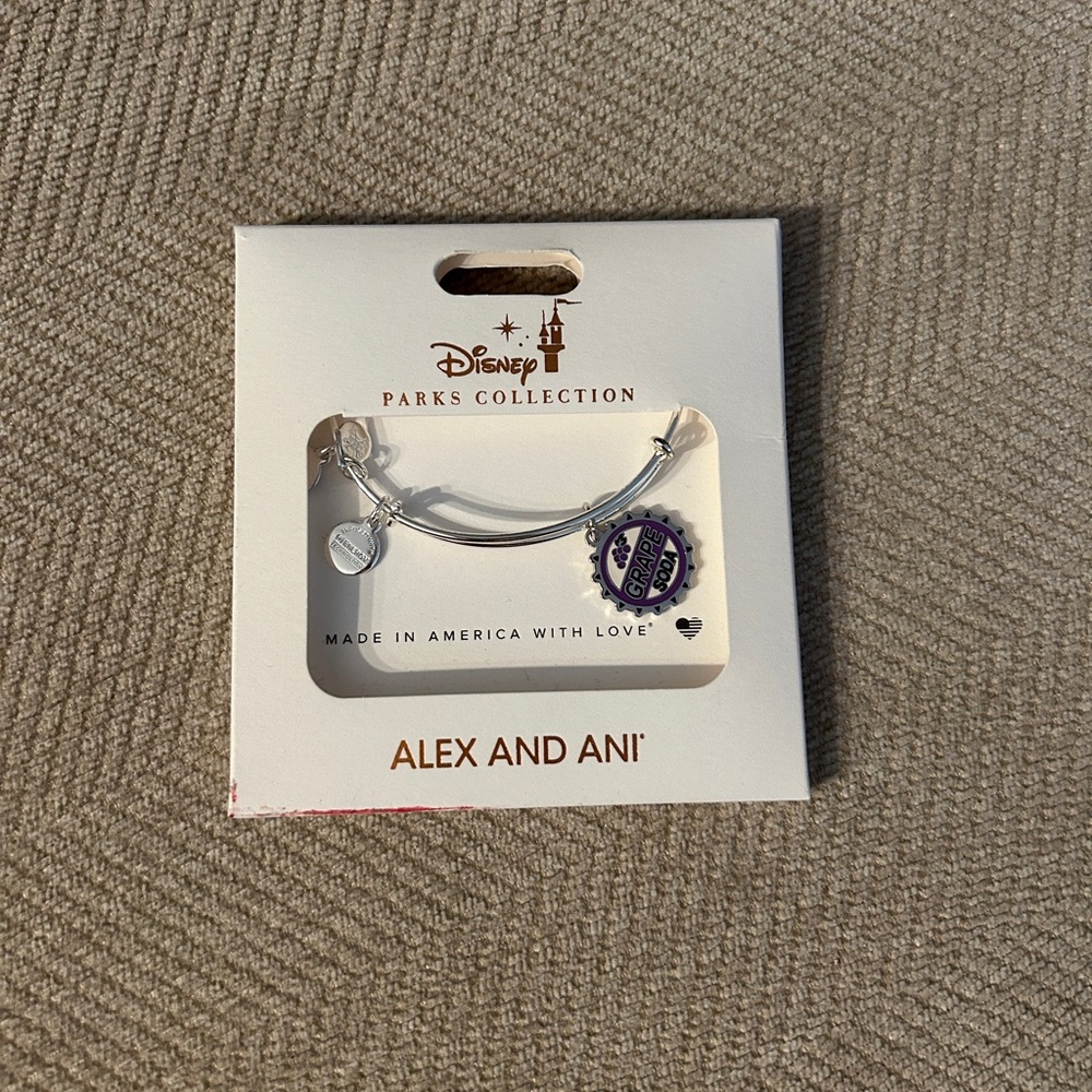 Disney Parks Alex and Ani Silver Bracelet with Purple Grape Soda Charm